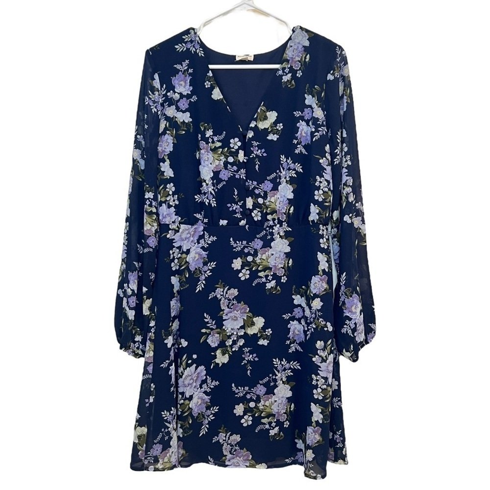 Mason & Belle Women’s navy Floral sheer Long Sleeve Dress. Size large. NWOT